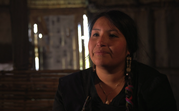 Onésima Lienqueo mira de frente a la cámara. De tez morena y rasgos indígenas, utiliza aros y vestimenta propia de su cultura mapuche.