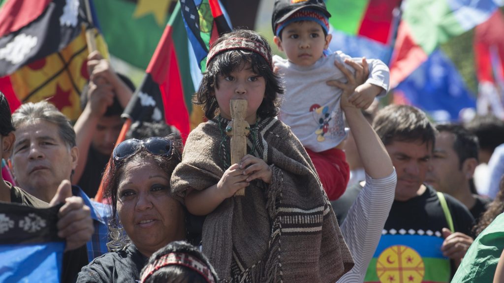 Dos niños mapuche marchan junto a su familia y comunidad.