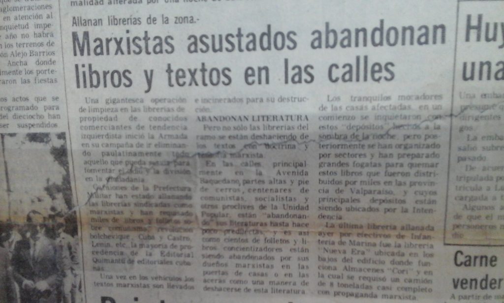 Titular correspondiente a El Mercurio de Valparaíso con fecha del 16 de septiembre de 1973.