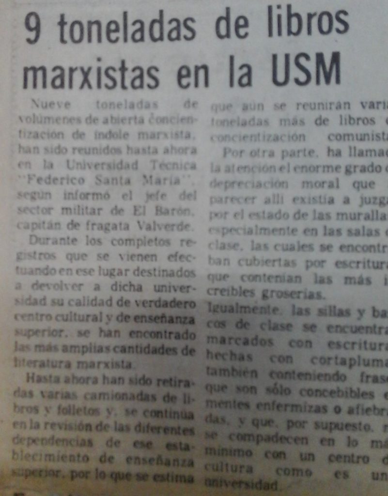 Titular correspondiente a El Mercurio de Valparaíso con fecha del 20 de septiembre de 1973.