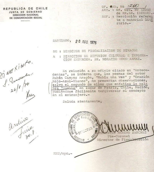 Documento oficial sobre fiscalización al poeta Rubén Campos Aragón. Cortesía de Bernardo Subercaseaux.